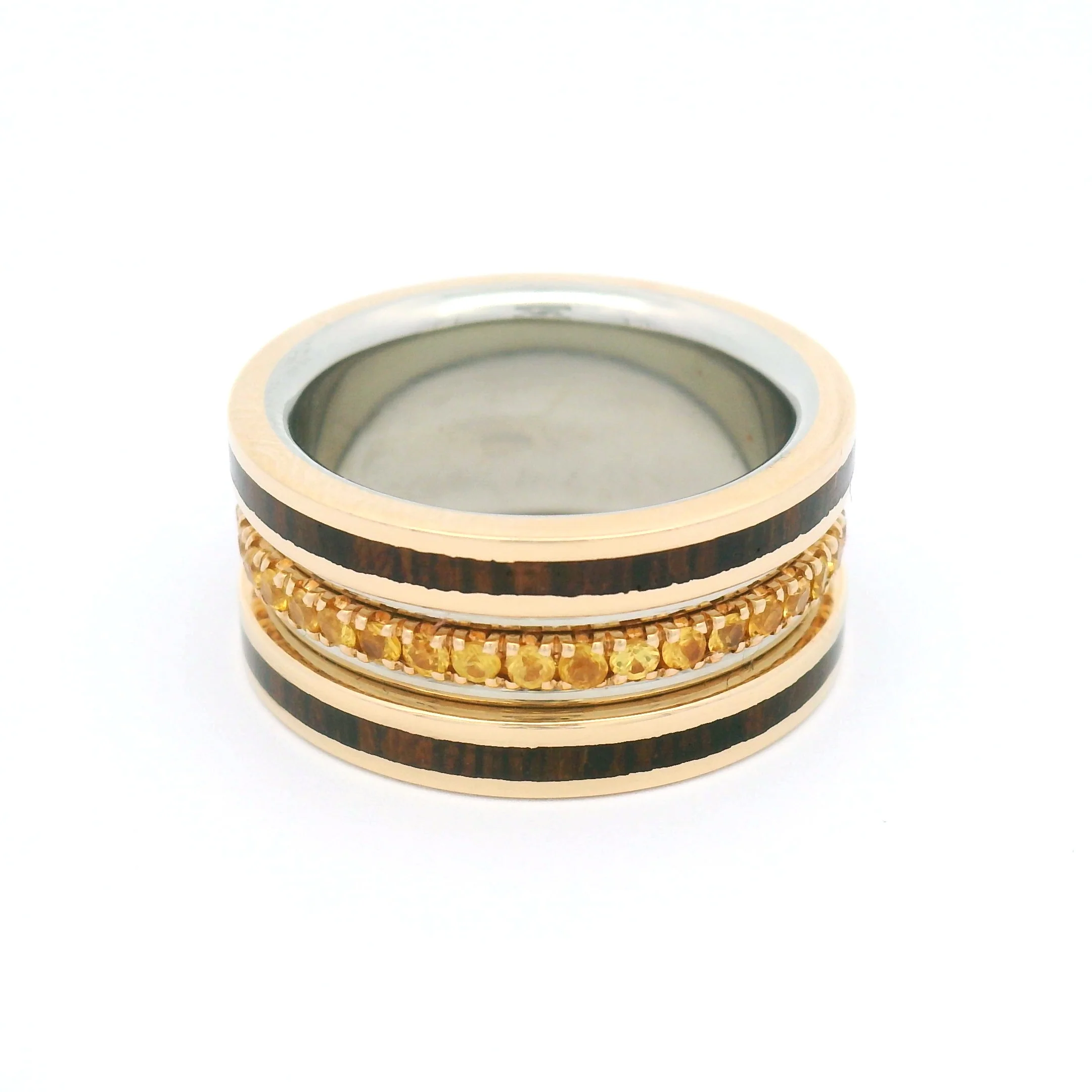 10k White and Yellow Wide Eternity with 1.1cts Yellow Sapphires and Inlayed Cocobolo Wood - Image 3