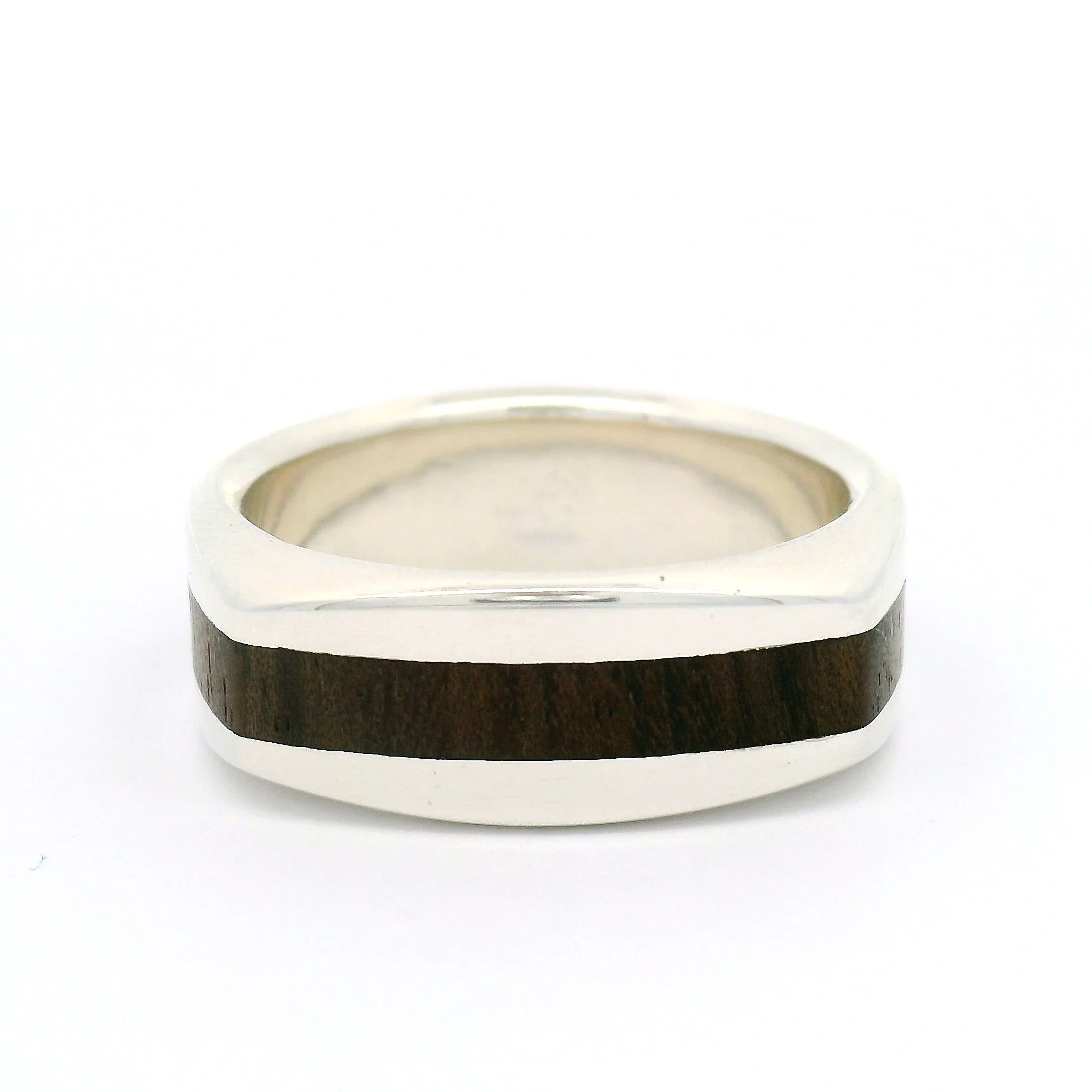 Sterling Silver 8mm Wide Soft Square Band with Inlayed Walnut Wood - Image 2