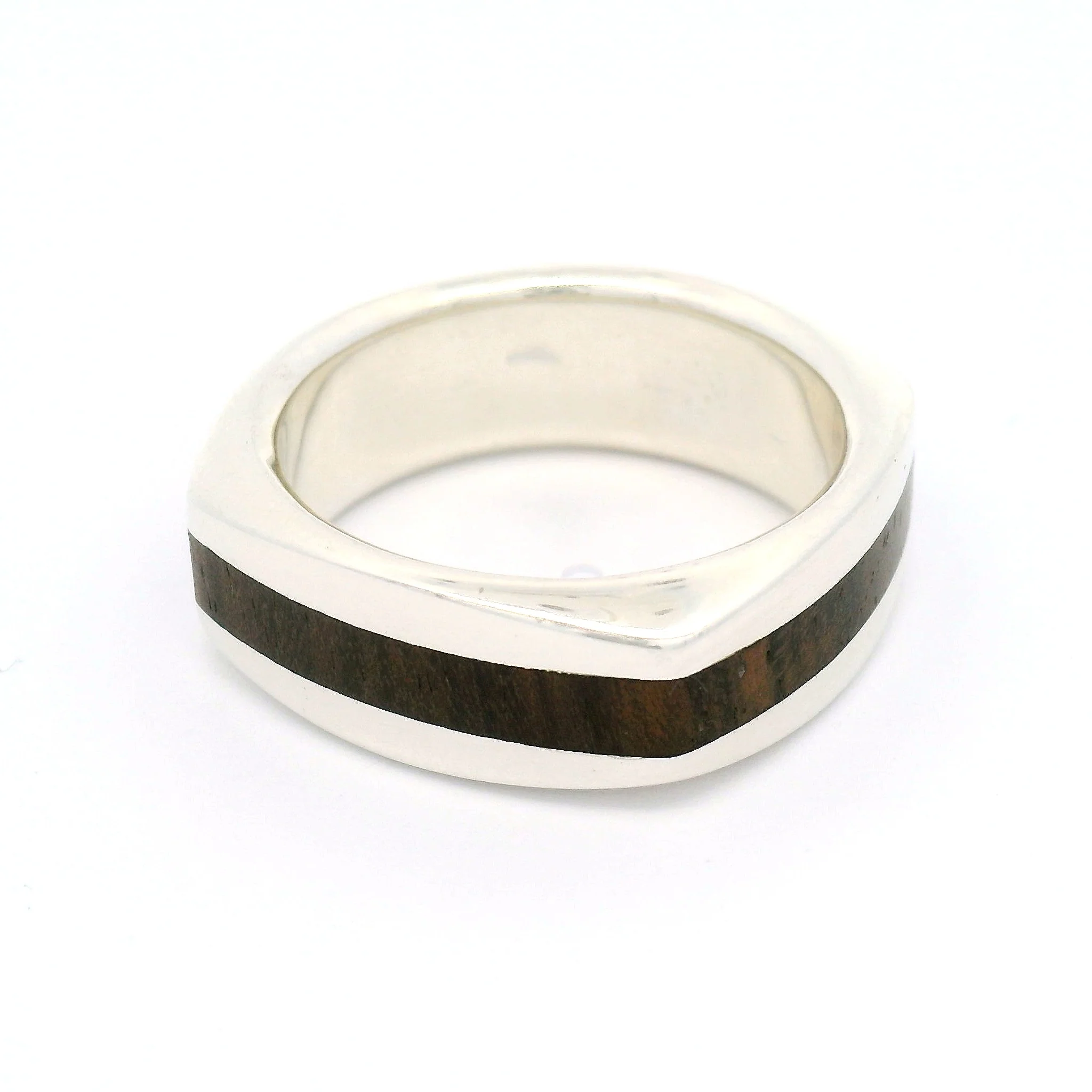 Sterling Silver 8mm Wide Soft Square Band with Inlayed Walnut Wood - Image 3